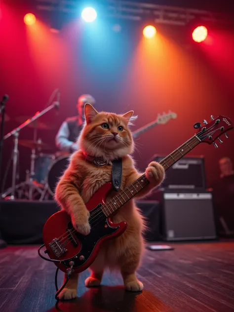   cute cat rock band  ,  There is a singer standing in front. Cute cat playing the instrument., electric guitar, bass, drum,  powerful show ,   small paws Pulling strings  ,  Fluffy Fur , ไฟเวทีBright colors,  Vibrant atmosphere , Bright colors,  rock punk...