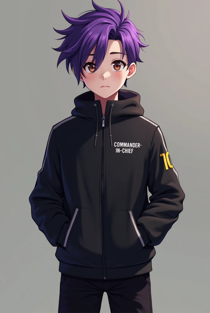 A young boy, wearing a black jacket,  purple hair color equals black molet model, black shorts,  has the commander-in-chief inscription on the front jacket 