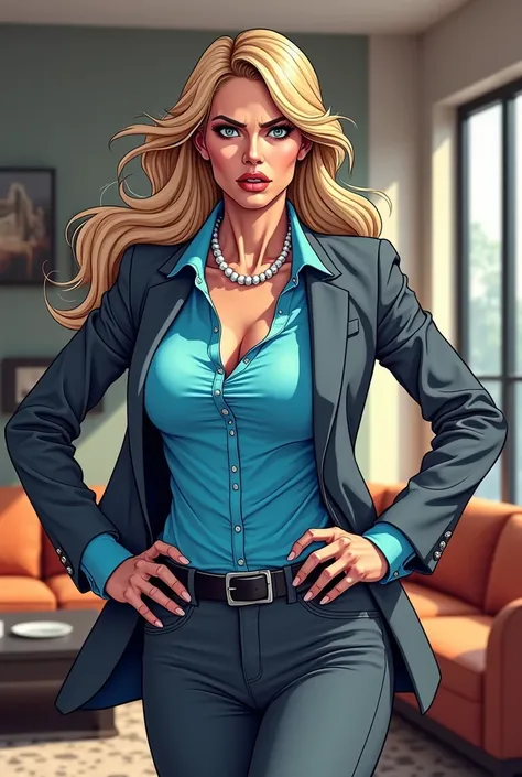 Comic Style: Beautiful lines，Vivid colors，The details of the characters are clear。 background：Luxurious modern interior living room,Sofa in living room、Coffee table characters:A Businesswoman in her fifties , long blond hair,Wearing a grey fancy suit , whi...