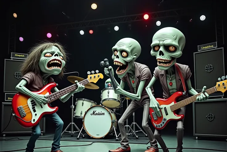  Rock band four members , bassist, guitarist, vocalist and drummer ,   members are Disney Pixar-style zombie cartoons ,  are on a stage front image showing the 4 members 