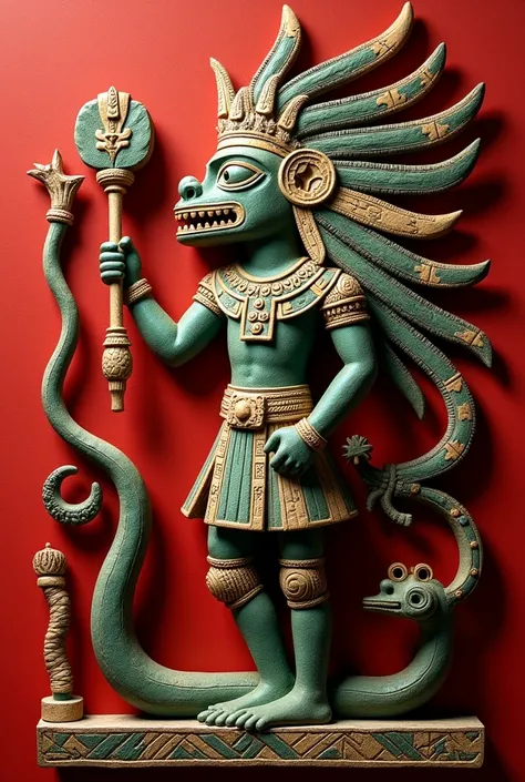 Masterpiece of art,  Mayan god Kawiil , Kawil .  Artwork red background ,  classical Mayan style .  The foot is extended to form a snake.  Arye Maya  .  Pre-Columbian art 