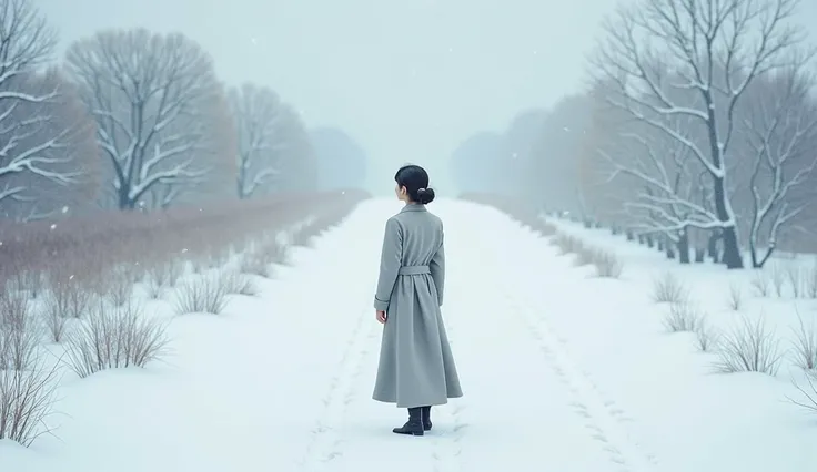  Theres a little bit of snow piled up on the long white path。Its snowing slowly 。Back view of a beautiful Japanese girl wearing an overcoat standing。Vision。