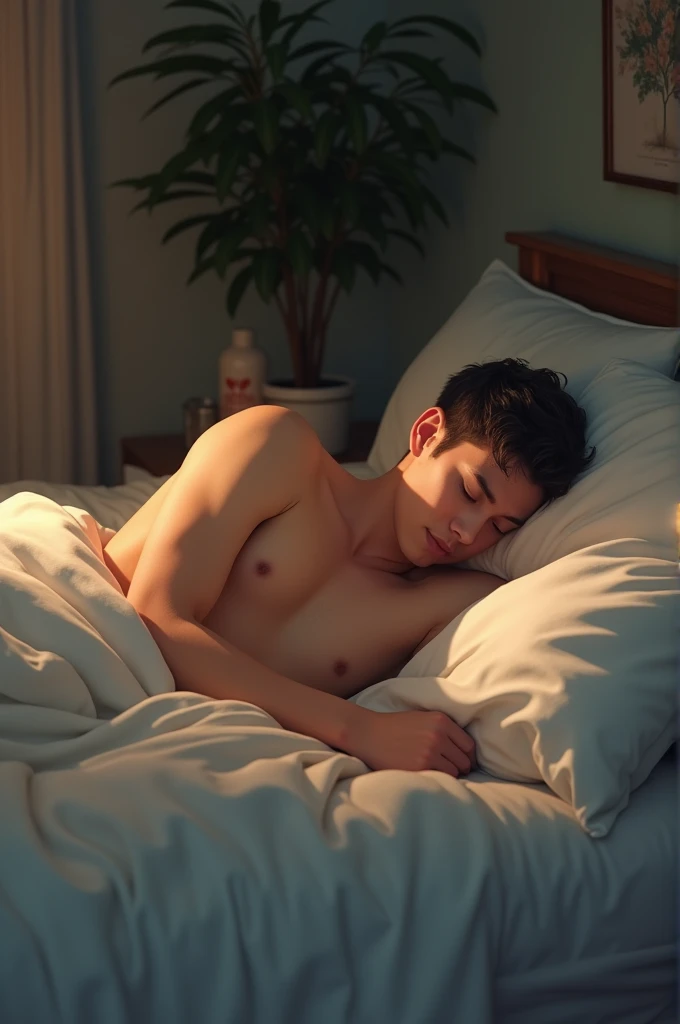 Daddy sleeping on the bed shirtless
