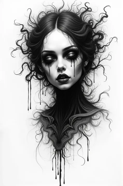 A black and white drawing of a character,  the elaborate ink illustration , ghost,  the detailed sketch ,  the detailed sketch in black and white ,  the tattoo design ,  the tattoo design  conceitual,  the detailed illustration of characters from the year ...