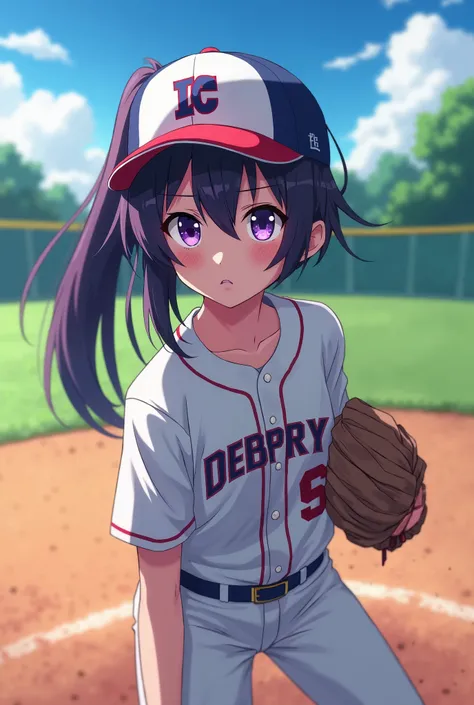 Japanese animation style、High school girl、Baseball uniform 、 Baseball Cap 、left pitcher、Dark Purple Long Hair、single ponytail、 purple pupils