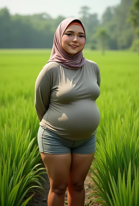 Kedua belah tangan diletak dibelakang punggung,  Tetek besar melayut, (Saggy Breasts:3.24), Skinny pink hijab skinny hijab skinny hijab skinny hijab, (photorealistic:1.6) Indonesian hijab skinny dry aunty wear bra and (mini tiny tights Hotpants),  Green ba...