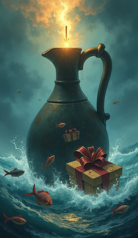 The Big Giant lifts a glowing mast from a sinking ship, retrieving Christmas presents trapped inside. The storm rages above, and the jug shakes as waves crash against it. Festive fish swim around, collecting smaller gifts from the wreckage while the giant ...