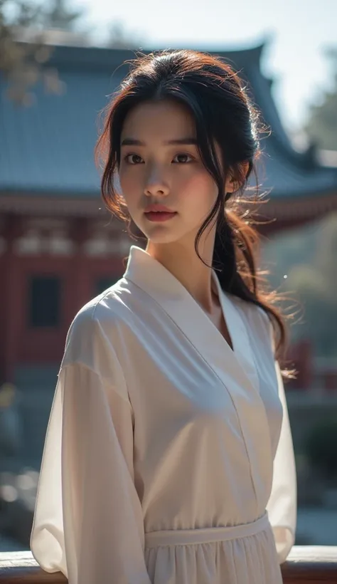 Japanese Beauty　28 years old　Daytime　winter　Standing alone at Kiyomizu-dera Temple in Kyoto　E cup bust　Shirt dress　 Beautiful Bust Line 　 Beautiful Body Lines　 real people 　 elegant face　 Elegant Face 　 staring at me 