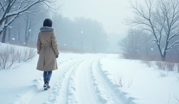  Theres a little bit of snow piled up on the long white path。Its snowing slowly 。Back view of a beautiful Japanese girl wearing an overcoat walking。Vision。