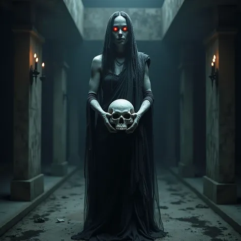 Ultra realistic Indian  scary Female Aghori red eyes white powder in whole body wearing black saree holding skull standing in  crematorium at night.