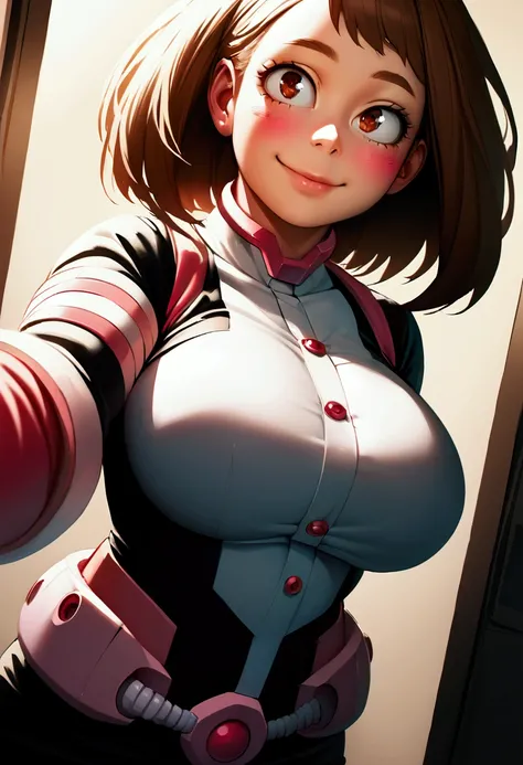 Ochako Uraraka from Boku no Hero Academia, big breasts, big hips, blushing ,Smiling shyly, pov selfie ,Realistic lighting, realistic lighting, realistic shadows, good lighting, good shadows, vivid colors 