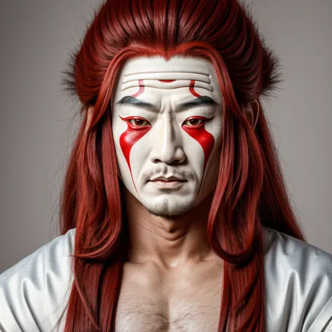 Kabuki actor, high image quality,4K,Man with long red hair ,Kabukisha, red paint on his whitewashed face,Edo period,Edokko,lotus lion,The whole body is visible,It&#39;s dynamic,Im swinging my head,Hairstyle like a lion , long enough to drag your hair to th...