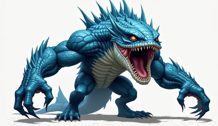 seaのモンスター。 the entire body is based on blue, and 、 Scales that look like Detailed drawing 。The upper body is strong 、 with a muscular physique 、 poses aggressively with arms extended wide。 has sharp claws on the fingertips 、 and is characterized by webs co...