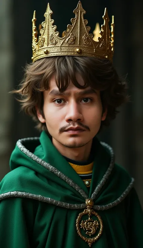 A boy with brown eyes and brown hair, with a golden crown, A little blood drips from his head as he cries, with slytherin clothes 