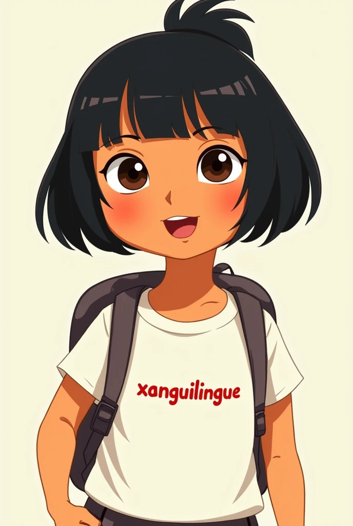 Make a "adventurous dora" (of the drawing) with Japanese descent , slanted eyes, gorda,  with black hair tied in a short ponytail ,  hair split in half,  with a black backpack and white blouse written only "Xanguilingue " e slanted eyes como japonês e olho...