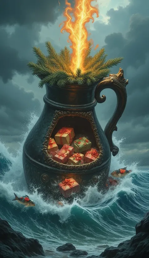 The Big Giant lifts a glowing mast from a sinking ship, retrieving Christmas presents trapped inside. The storm rages above, and the jug shakes as waves crash against it. Festive fish swim around, collecting smaller gifts from the wreckage while the giant ...