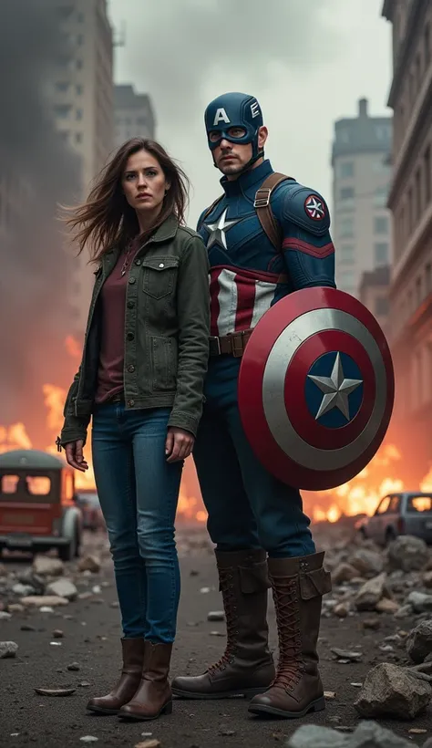 "Create a realistic image of Marvels Captain America, wearing his iconic red, white, and blue suit with a star on his chest, holding his vibranium shield, standing alongside a normal woman in denim jeans and a rugged jacket. They are positioned in a war zo...