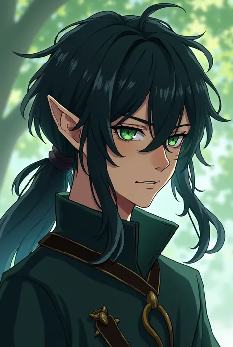  draw a man in his 20s with dark elf abilities 。 have long black hair and tie them together at the bottom 。 have long bangs and his right eye is hidden by bangs 。 skin is brown 。 has sharp ears like an elf 。 delicate and ephemeral handsome like Western sty...