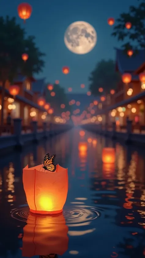 floating lanterns in the night sky. small river, with shops along the river. river and sky filled with lanterns. full moon. bokeh, focusing on a floating lantern where a butterfly is resting on it, and the moon blurry at the back. high definition ,  high d...