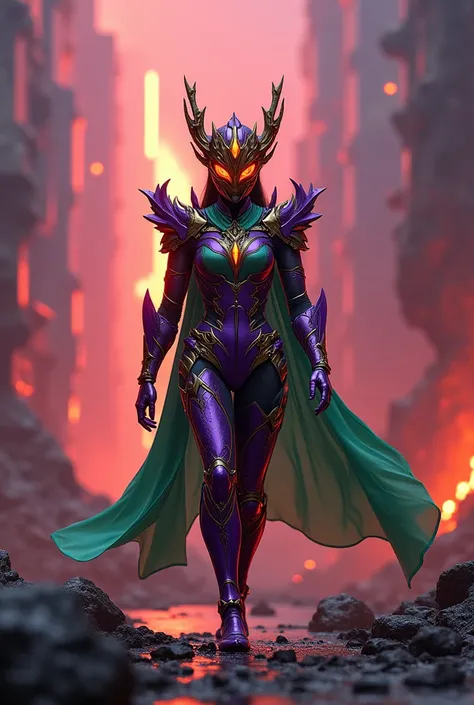 **((CREATE AN IMAGE ABOUT A CHARACTER WALKING IN A CITY PASSING A SEA OF LAVA))**  Character Design  (Kamen Rider Graçaí):
Womens Armor Color Palette :

Deep and bright purple (base, symbolizing the açaí berry).
golden (details and ornaments, symbolizing r...