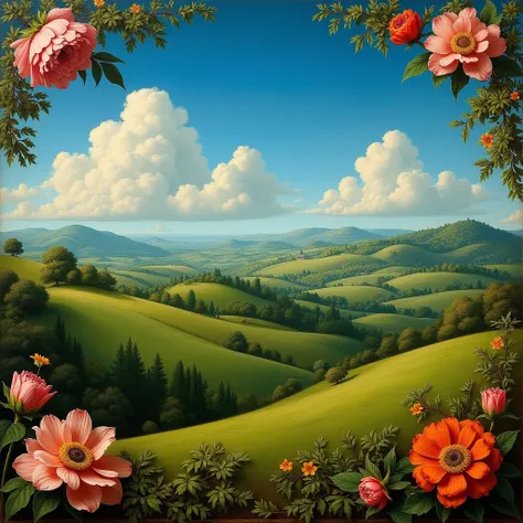 Old Early Renaissance style image with highlights, of beautiful and lush hills with blue sky and cloud and several beautiful flowers in the corners of the picture