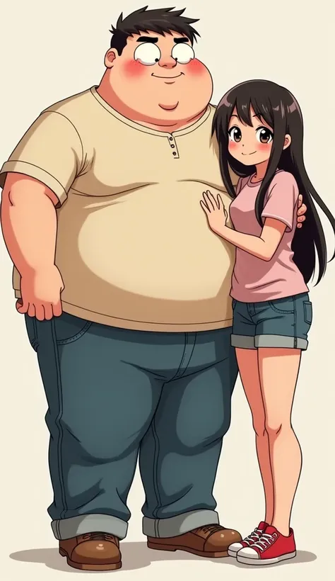 Anime, I want an image of a very funny fat young man, a very beautiful and slim young woman, and an additional girl mocking the slim girl for being next to the fat young man. I need the characters in four different scenes, keeping their appearance and feat...