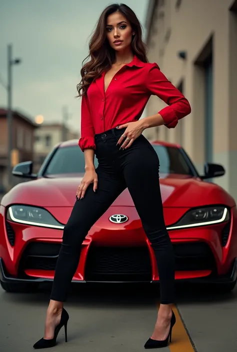 Laurel Coppock shows her ass, the beautiful attractive 47 year old woman model wears red shirt and black high heels plays the "Jan" girl in Toyota photoshoot pre-commercial, showing her ass farting in black pants around the GR Supra LS7 V8