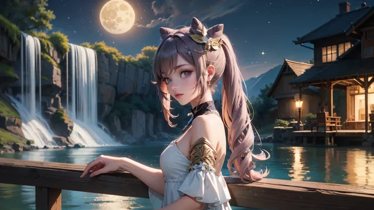 1 girl, lake scene, seat on the water, white dress, gold details on her clothes, waterfall, white flowers on focus, full moon, night, flowing hair, crystals, sparkles, firefly