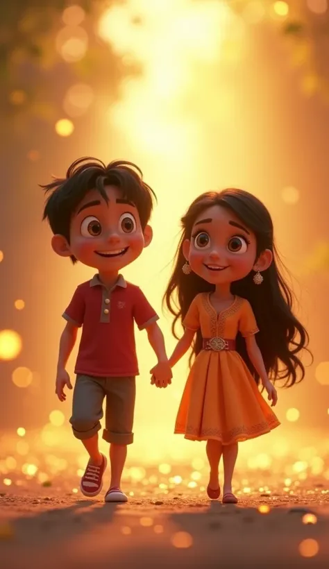 Disney Pixar style 
Final Scene: Inner Magic

Aryan walking away with Maya, both smiling and laughing. The background fades into soft golden light, symbolizing the real magic of courage.