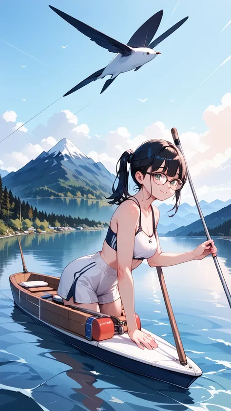 Black hair, glasses, mountain lake, rowing boat, boating