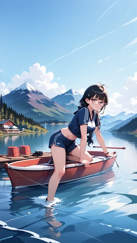 Black hair, glasses, mountain lake, rowing boat, boating