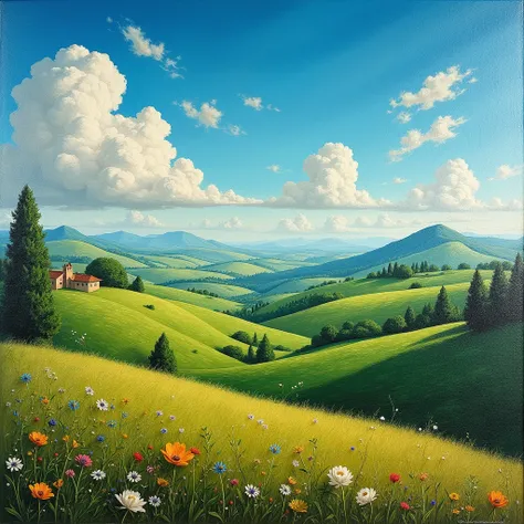 OLD EARLY RENAISSANCE STYLE PICTURE WITH EMBOSSED COLOR, OF BEAUTIFUL AND LUSH HILLS WITH BLUE SKY AND CLOUD AND A FEW BEAUTIFUL LITTLE FLOWERS 