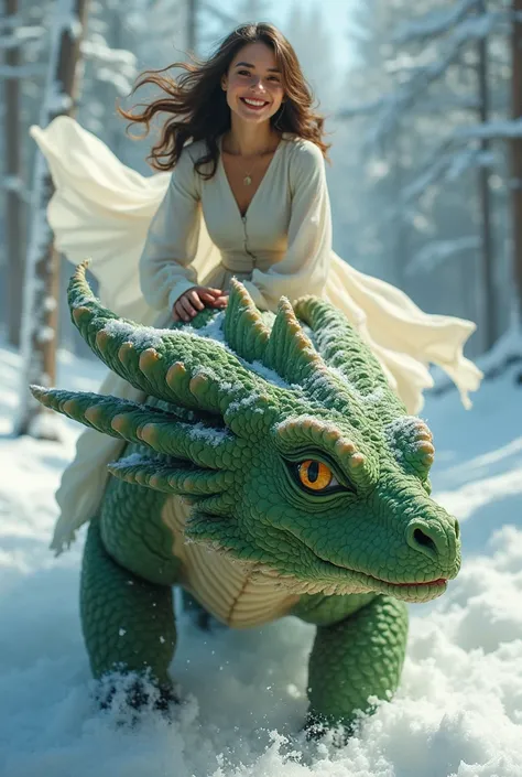 A  on top of a green dragon,  they are in the snow and the  is happy, she is wearing a white blouse