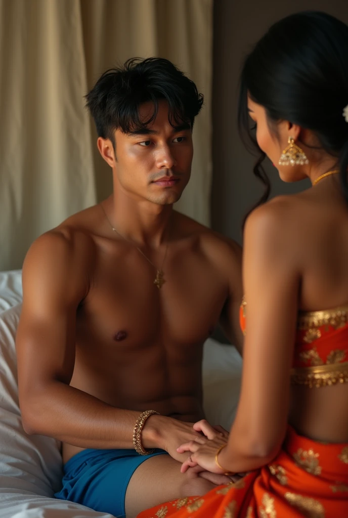  Full body photo a 20 year old male, blue short boxer underwear with Calvin Klein branding,  sitting on bed with the  sport of bed , female in India traditional dress, giving massage, male leg open beautiful detailed eyes, beautiful detailed lips, extremel...