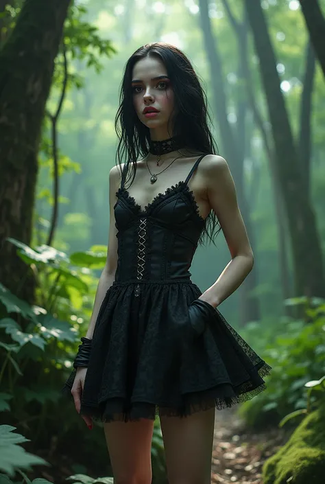 Goth girl, photorealistic, minidress ,Im surprised,Bright makeup, forest 