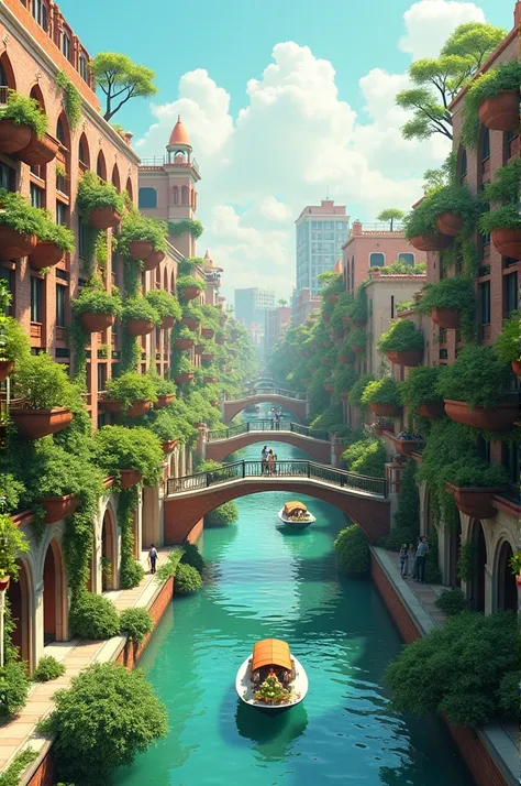  A stylized map of a future Venice with the presence of greenery and baskets, that makes them sustainable 