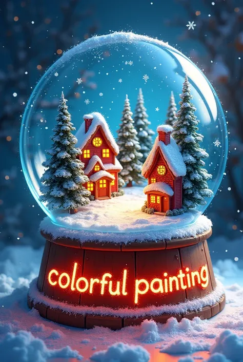 pinkcolorfulpainting, with text: ("Colorful Painting":1.1)
A glowing snow globe with a miniature Christmas village inside, vibrant and magical, with text "Colorful Painting" sparkling on the snow globe’s base.