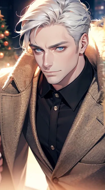 (best quality,4k,8k,highres,masterpiece:1.2),ultra-detailed,(realistic,photorealistic,photo-realistic:1.37),1 man,31 years old,mature man,very handsome,without expression,smile,short grey white hair,blue eyes,penetrating gaze,perfect face without errors,im...