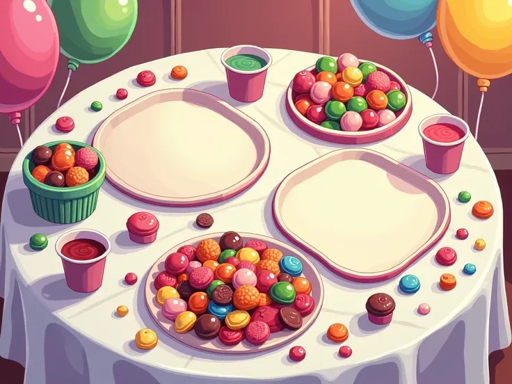  colorful cartoon of a party table with candies seen from above. white table liner .  Have two large empty trays.  Some disposable cups . Remove other trays and remove the green tray as well