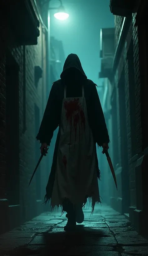  A silhouette of a sinister figure walking down a dark alley under a faint streetlight, holding a gleaming scalpel, with a bloodied apron swaying in the wind, creating a chilling atmosphere.