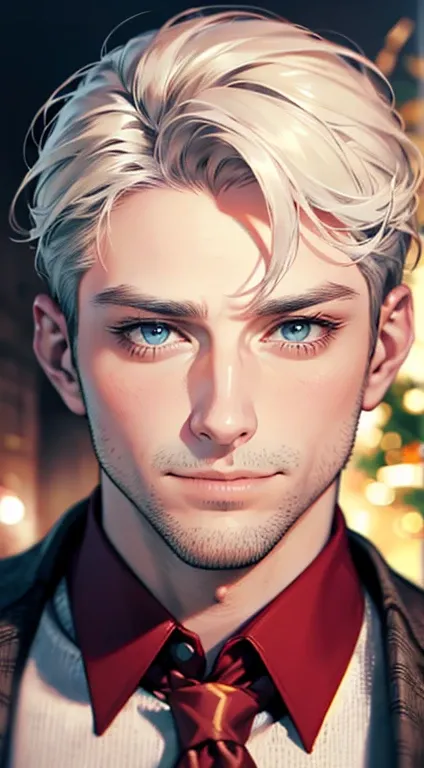 (best quality,4k,8k,highres,masterpiece:1.2),ultra-detailed,(realistic,photorealistic,photo-realistic:1.37),1 man,31 years old,mature man,very handsome,without expression,smile,short grey white hair,blue eyes,penetrating gaze,perfect face without errors,im...