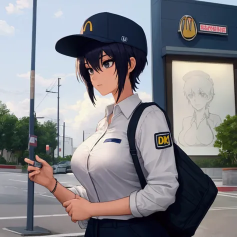 A female with straight dark blue hair and black eyes. Wearing a McDonald cashiers uniform with hat. Kinda tall and C cup breast.