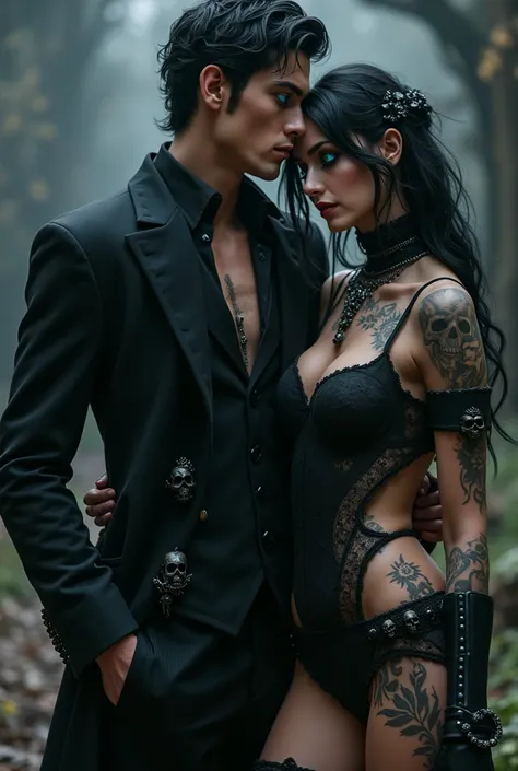 A handsome blie-eyed guy wearing a gothic suit and skull accessories. With a beautiful blue-eyed woman wearing a gothic mini dress with skull accessories and stockings, body covered in tattoos.