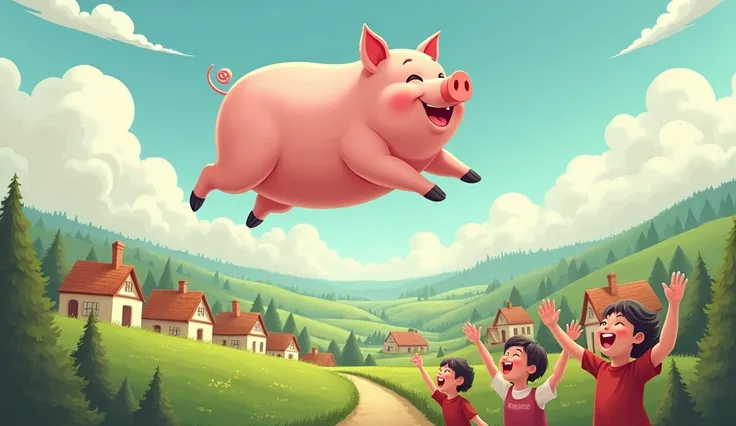 The pig joyfully soaring over the village, looking down at the tiny houses and fields, with villagers cheering from below.