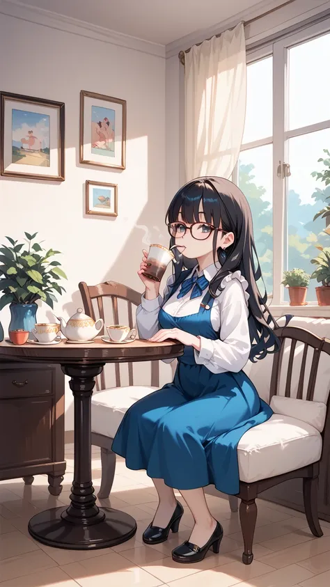 　Black hair, glasses, tea time, drinking tea elegantly