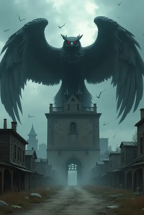 make me a picture of a giant scary owl with dark clouds standing on top of a building in a ghost town a very big owl with open wings and sharp red eyes