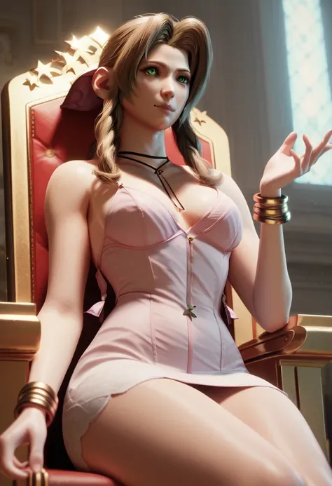  Aerith big curly hair green eyes medium tits Big healed abdomen thick thighs Big gold crown on her head queen of England sexy red and white short dress sitting on the golden throne