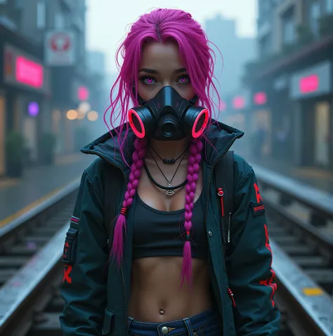 girl in a respirator. cyberpunk style . track.pink braids. outerwear unbuttoned