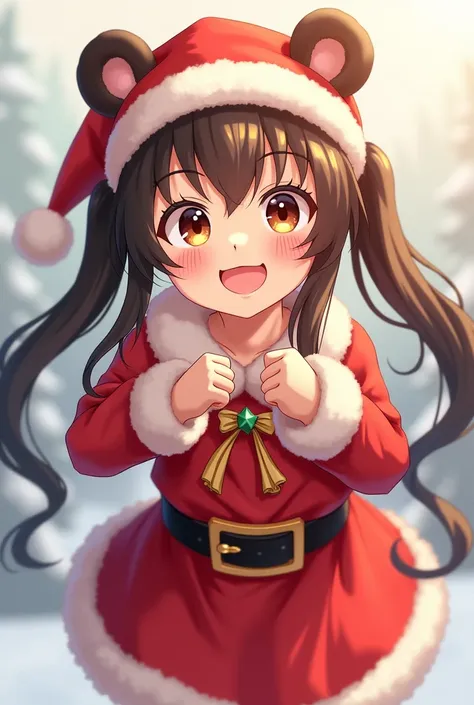  1 girl,  long hair,  twin tails, Bear ears,  Santa Kos,Grin, Round eyebrows,