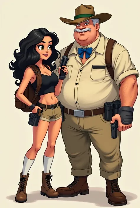 a girl taking a picture with black wavy hair, hazel eyes with feckles and curvy body wearing a black crop top, light brown shorts, calf-high boots, and tall white socks. Shes fingerless gloves, a backpack, a utility belt with holsters on either side, and t...